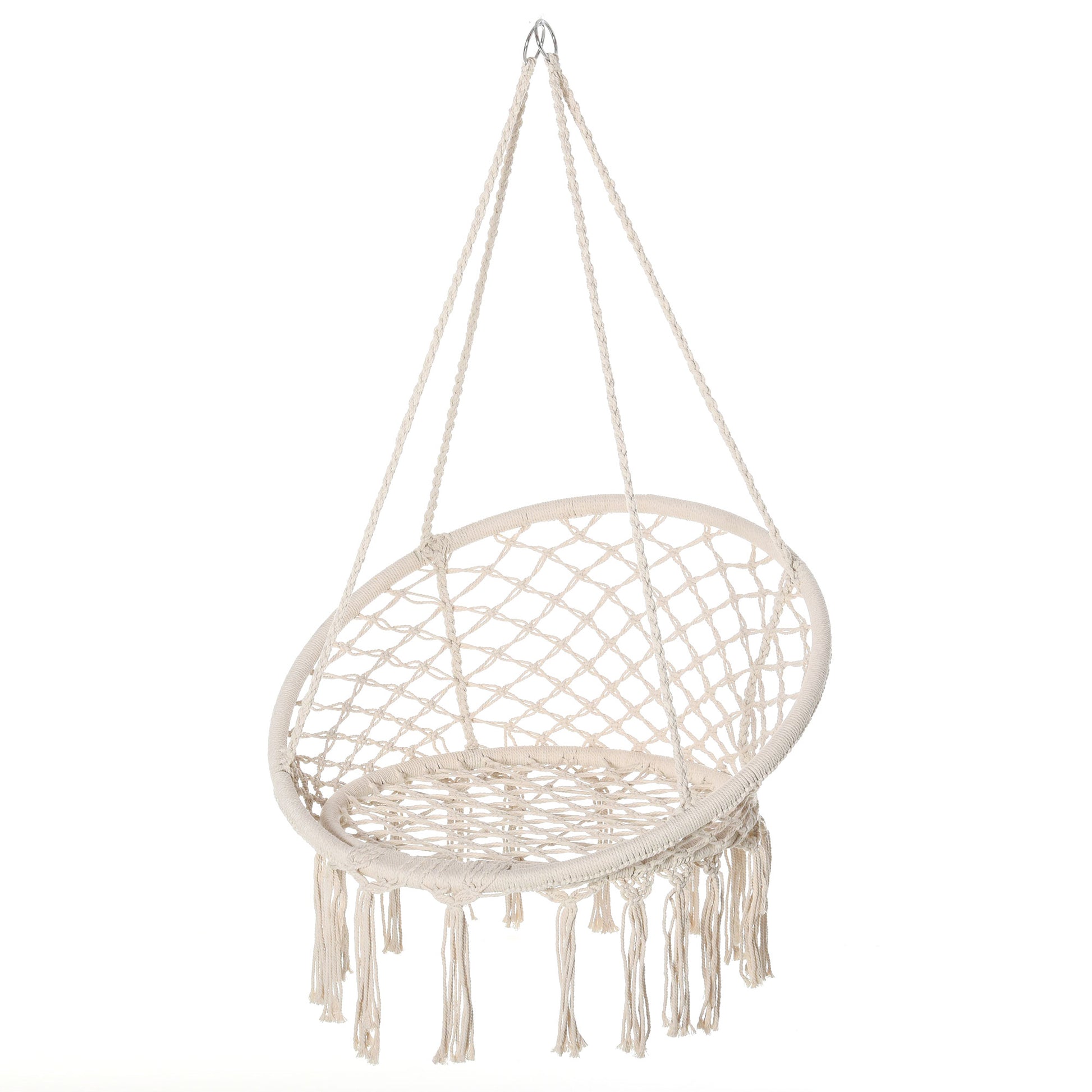 Patio Hammock Chair, Hanging Rope Hammock Swing for Indoor & Outdoor Use with Backrest, Cotton-Polyester Blend, Fringe Tassels, Cream White