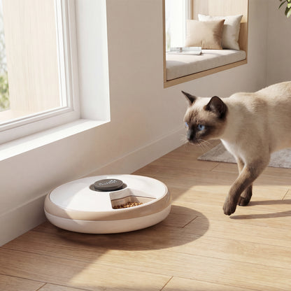 Automatic Cat Feeder for Dry Wet Food Timed Cat Dog Food Dispenser with 6 Trays 1 Ice Pack Battery Powered Light Brown