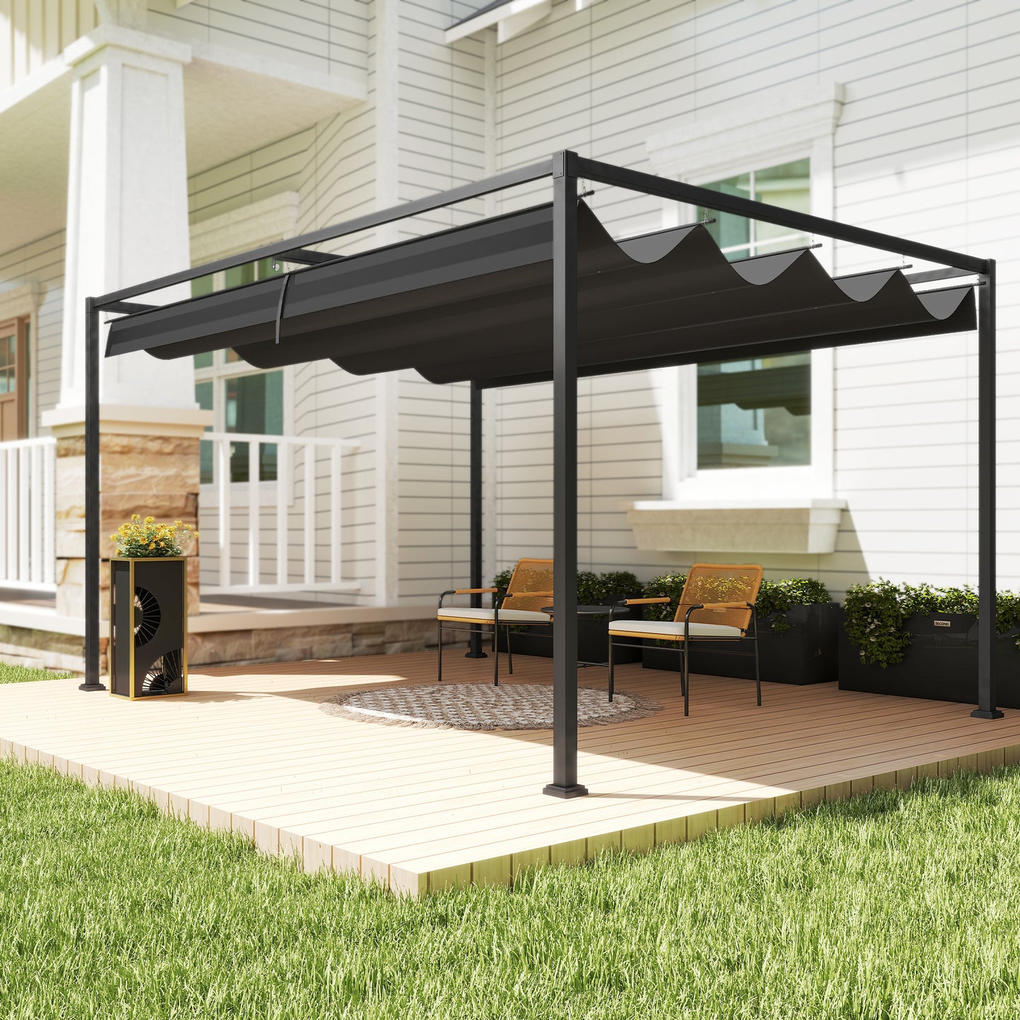 10' x7' Patio Pergola with Retractable Canopy, Outdoor Sun Shelter, Yard Shade, Black