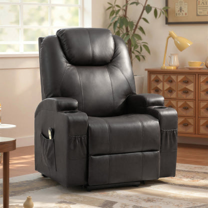 Power Lift Recliner Chair for Elderly, PU Leather Lift Chair with Thick and High Back, Footrest, Remote, Side Pockets, Cup Holders, Reclining Sofa for Living Room, Black