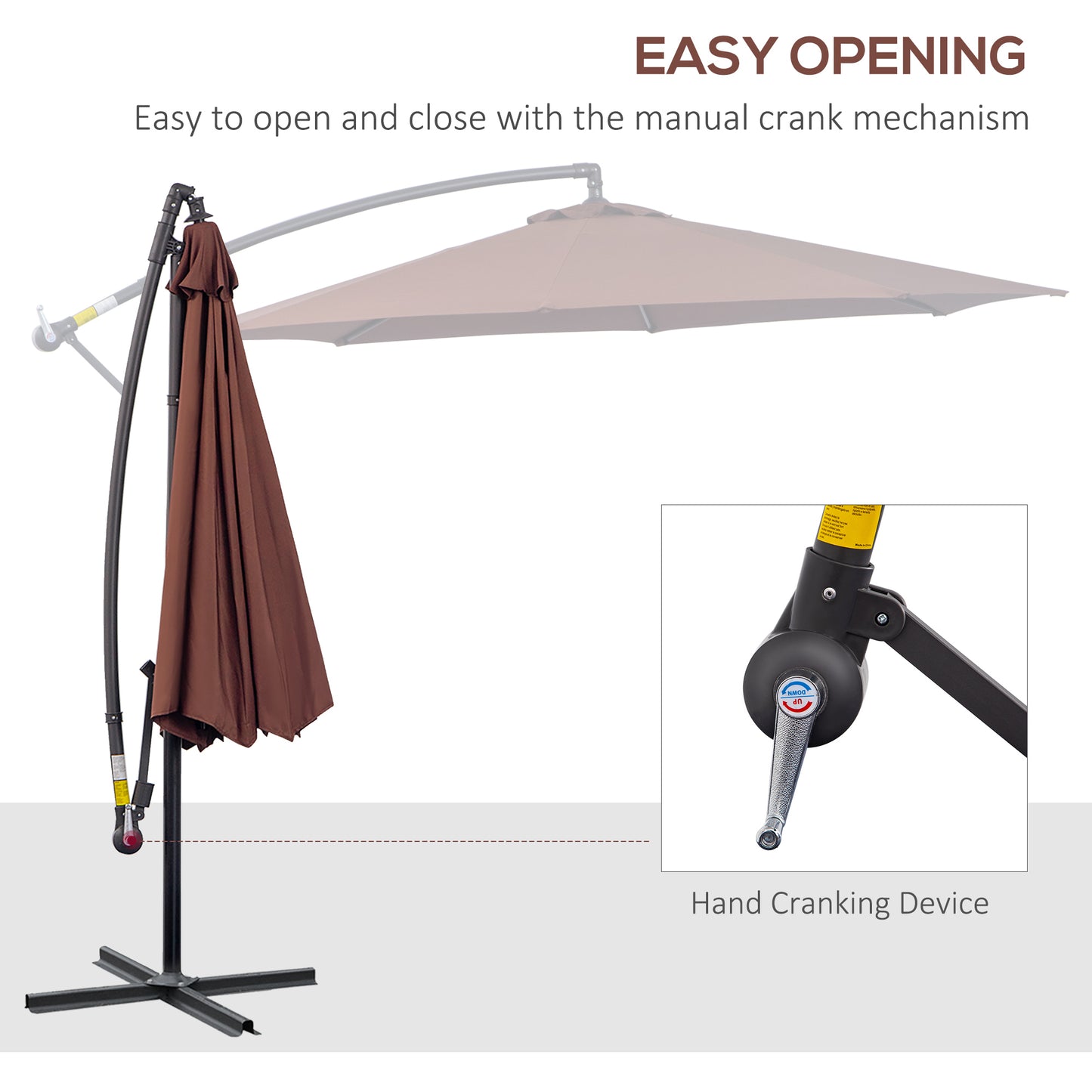 10' Deluxe Patio Umbrella, Outdoor Market Parasol, Banana Hanging Offset Sunshade with Crank, Cross Base, Coffee