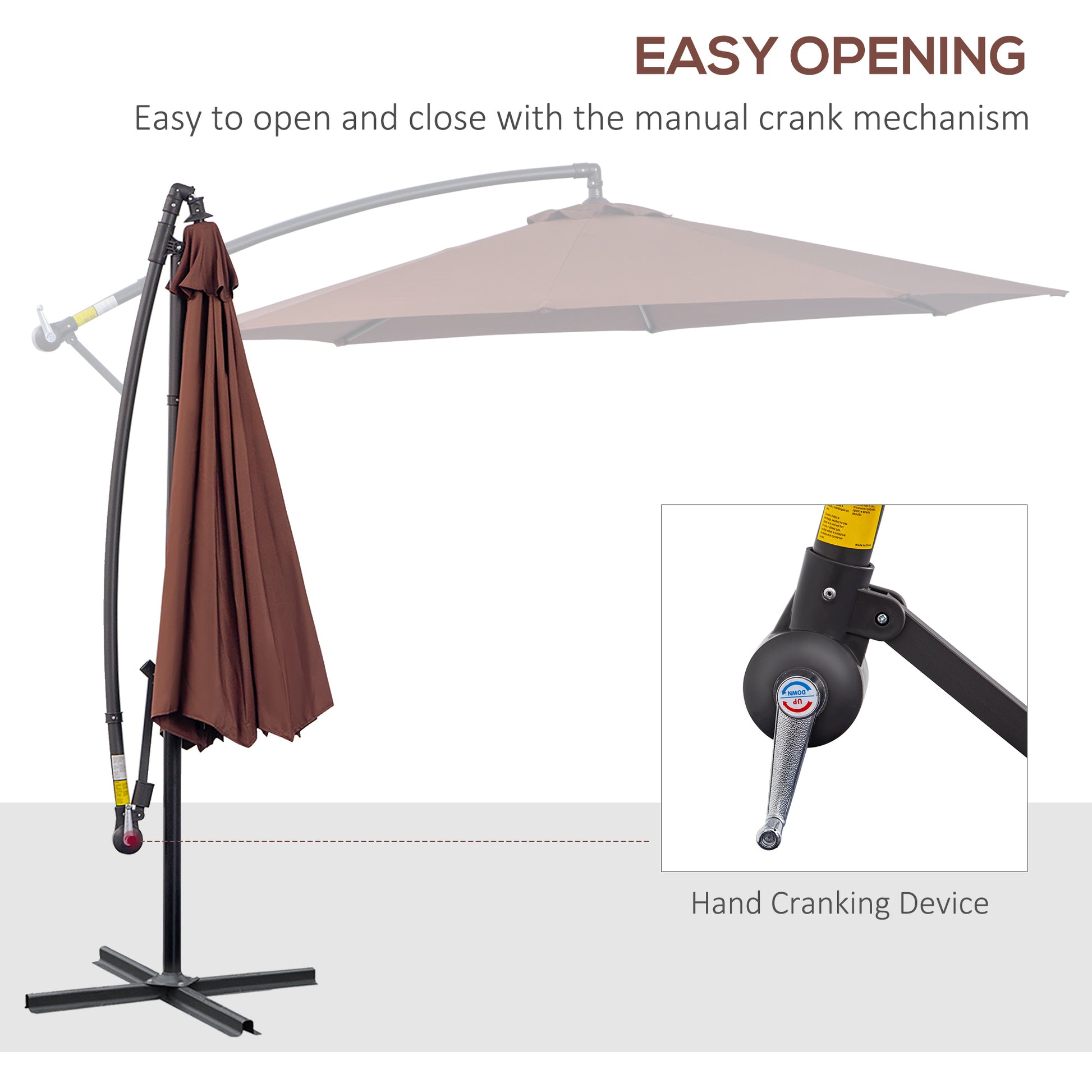 10' Deluxe Patio Umbrella, Outdoor Market Parasol, Banana Hanging Offset Sunshade with Crank, Cross Base, Coffee