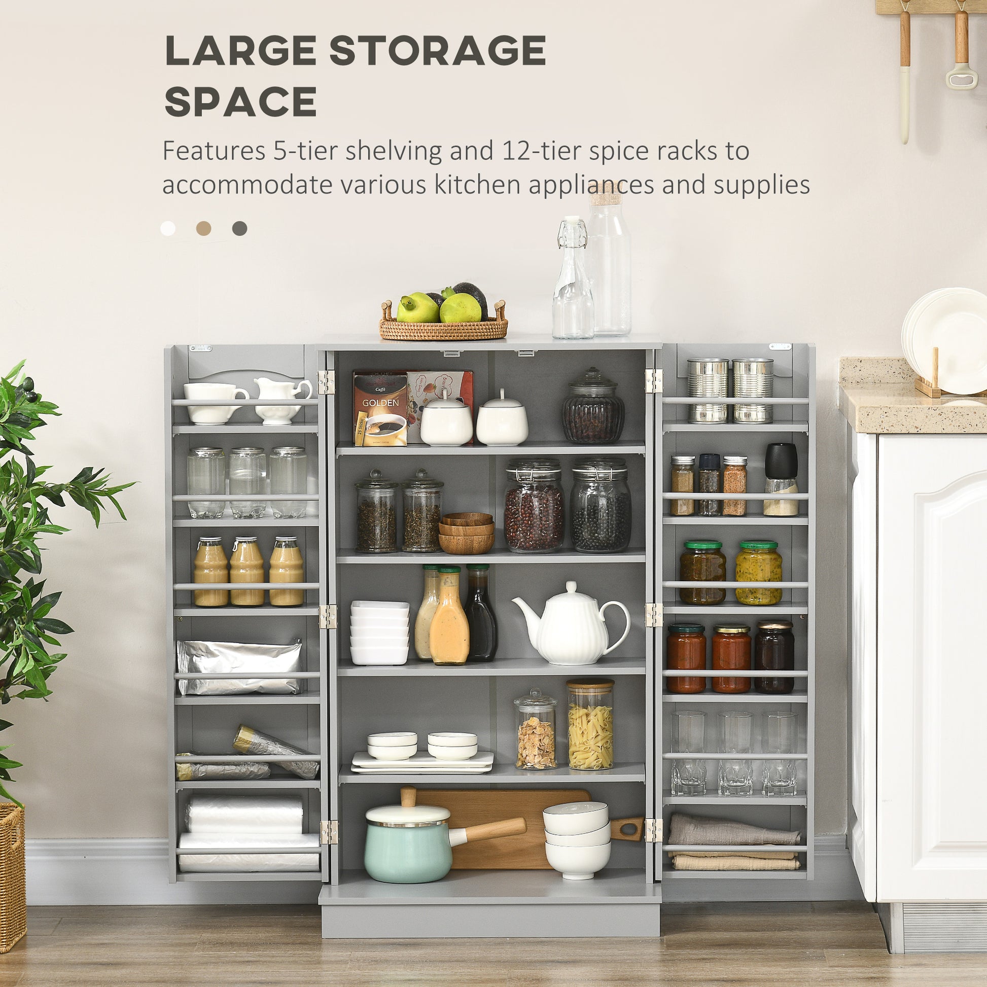 41" Storage Cabinet, 2-Door Kitchen Pantry Cabinet with 5-tier Shelving, 12 Spice Racks and Adjustable Shelves, Grey