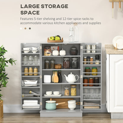 41" Storage Cabinet, 2-Door Kitchen Pantry Cabinet with 5-tier Shelving, 12 Spice Racks and Adjustable Shelves, Grey
