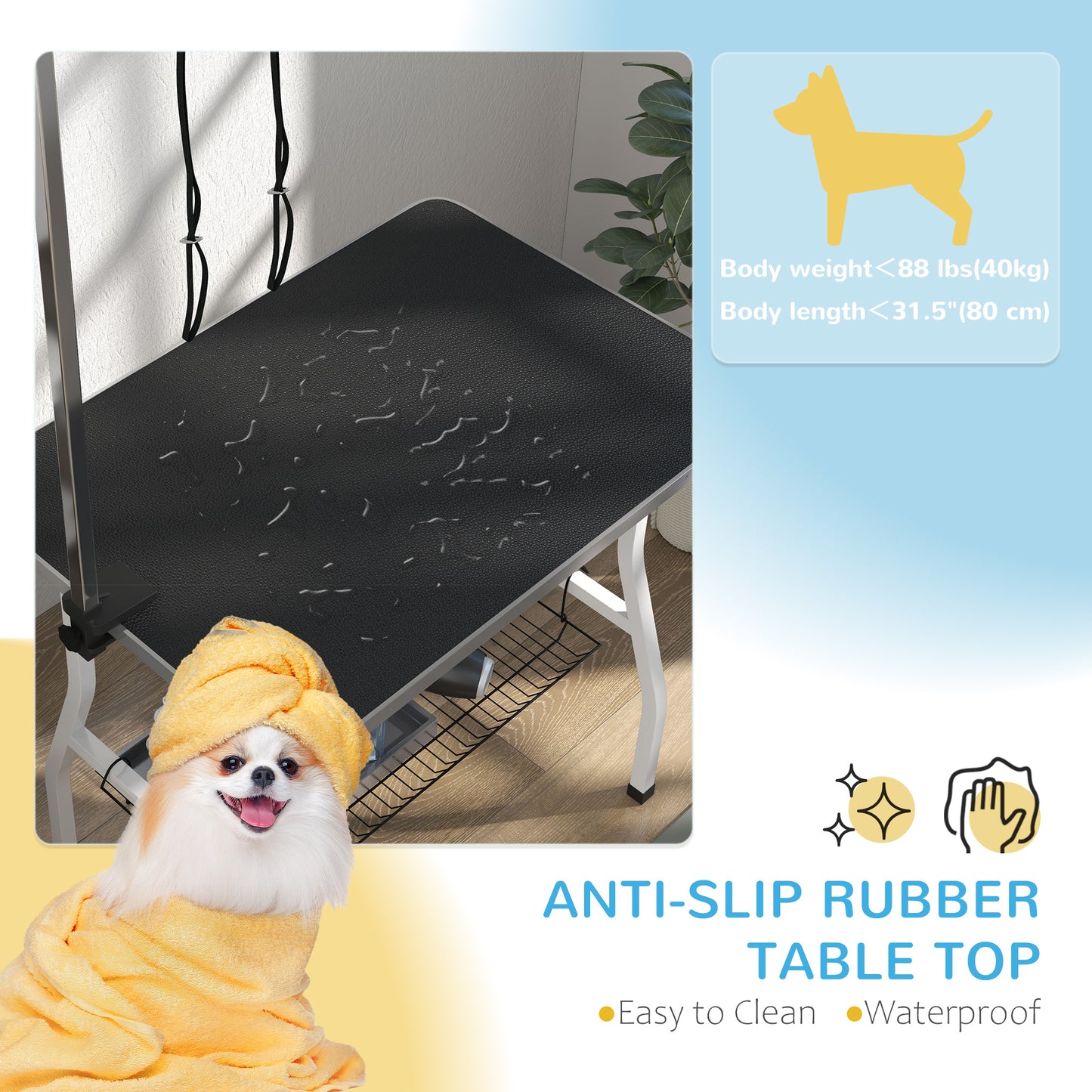 Dog Grooming Table w/ Adjustable Arm, Mesh Tray, Two Nooses, Rubber Surface, 35" x 24" x 61", Black