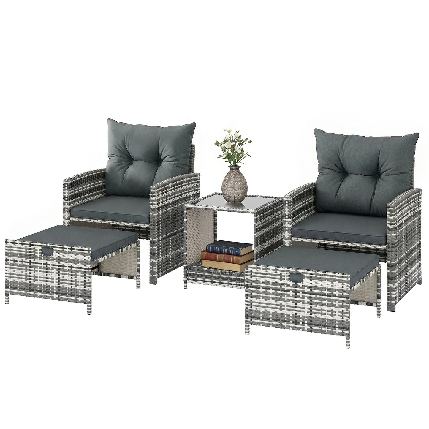5 Piece Patio Furniture Set, Wicker Patio Chairs with Ottomans, 2-Tier Glass Coffee Table and Cushions, Grey/Dark Grey