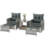 5 Piece Patio Furniture Set, Wicker Patio Chairs with Ottomans, 2-Tier Glass Coffee Table and Cushions, Grey/Dark Grey