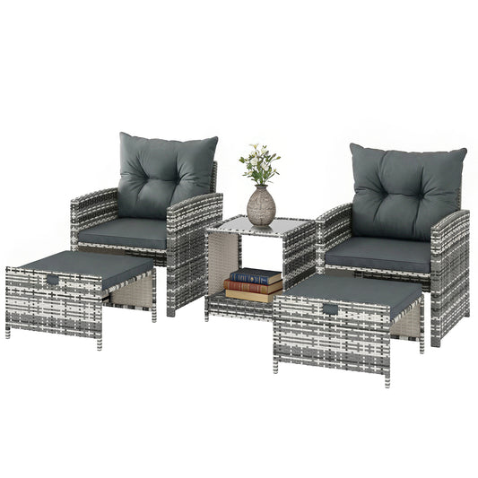 5 Piece Patio Furniture Set, Wicker Patio Chairs with Ottomans, 2-Tier Glass Coffee Table and Cushions, Grey/Dark Grey