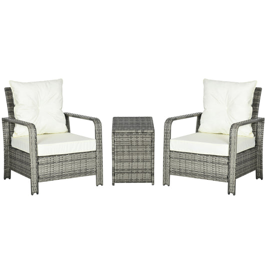 3 Pieces Wicker Patio Furniture Set, Rattan Bistro Set with Storage Coffee Table and Thickened Cushions, Outdoor Conversation Set for Garden, Porch, Balcony, Beige