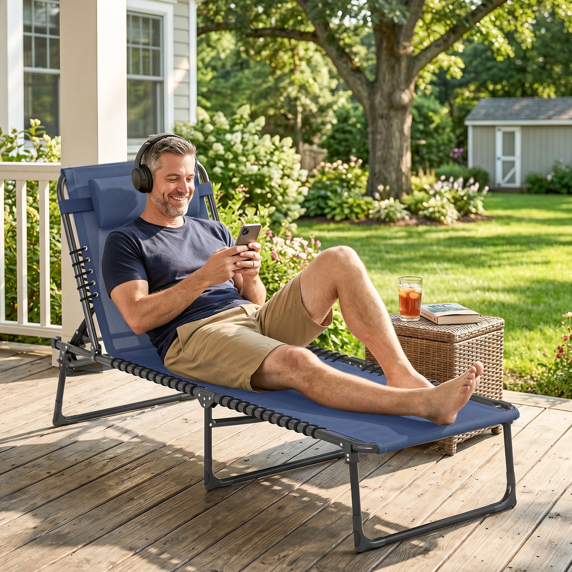 Folding Lounge Chair, Adjustable Chaise Lounge with Headrest, Reclining Lounger Cot for Camping, Hiking, Dark Blue