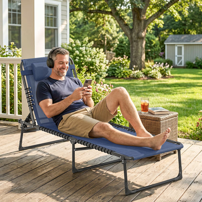 Folding Lounge Chair, Adjustable Chaise Lounge with Headrest, Reclining Lounger Cot for Camping, Hiking, Dark Blue