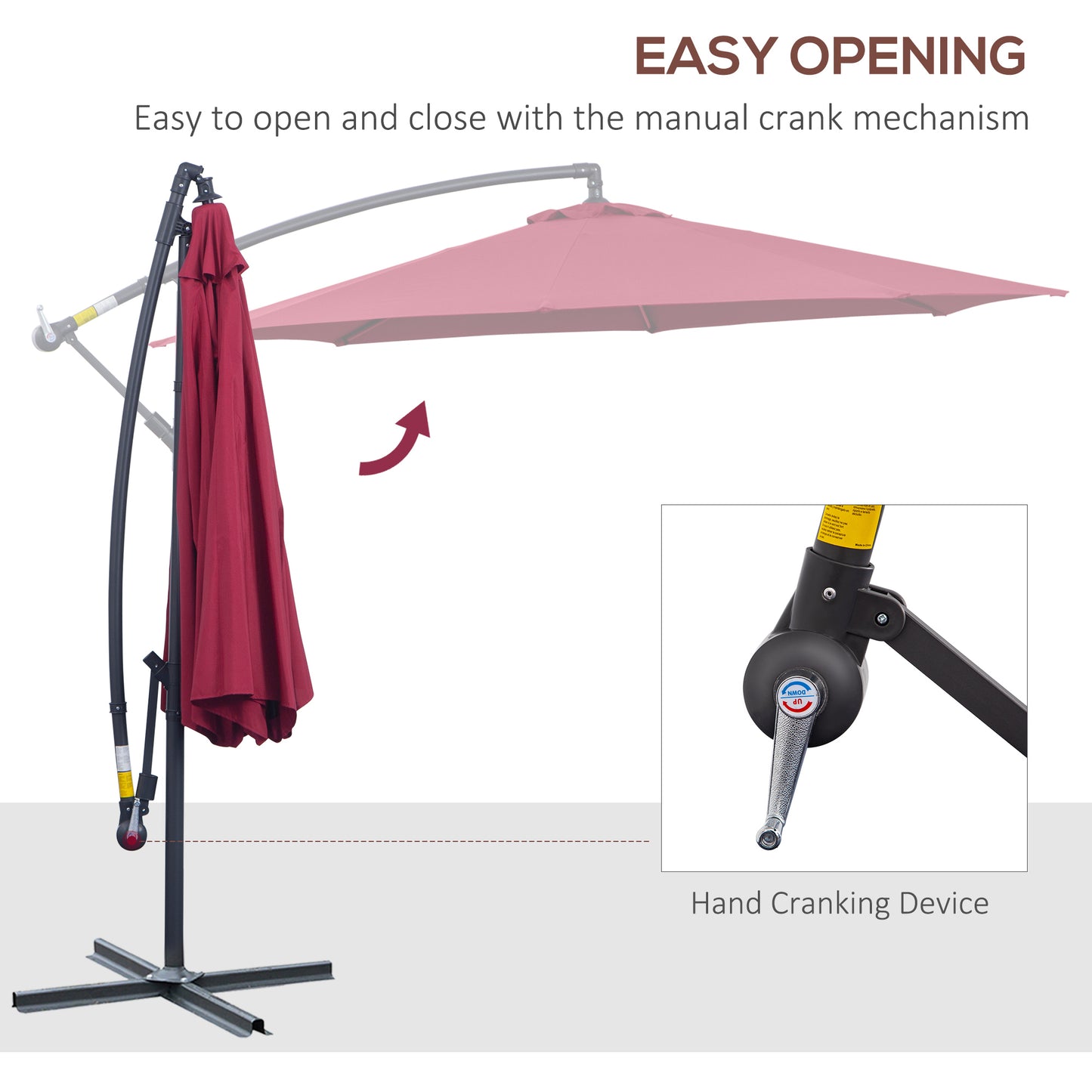10' Deluxe Patio Umbrella, Outdoor Market Parasol, Banana Hanging Offset Sunshade with Crank, Cross Base, Wine Red