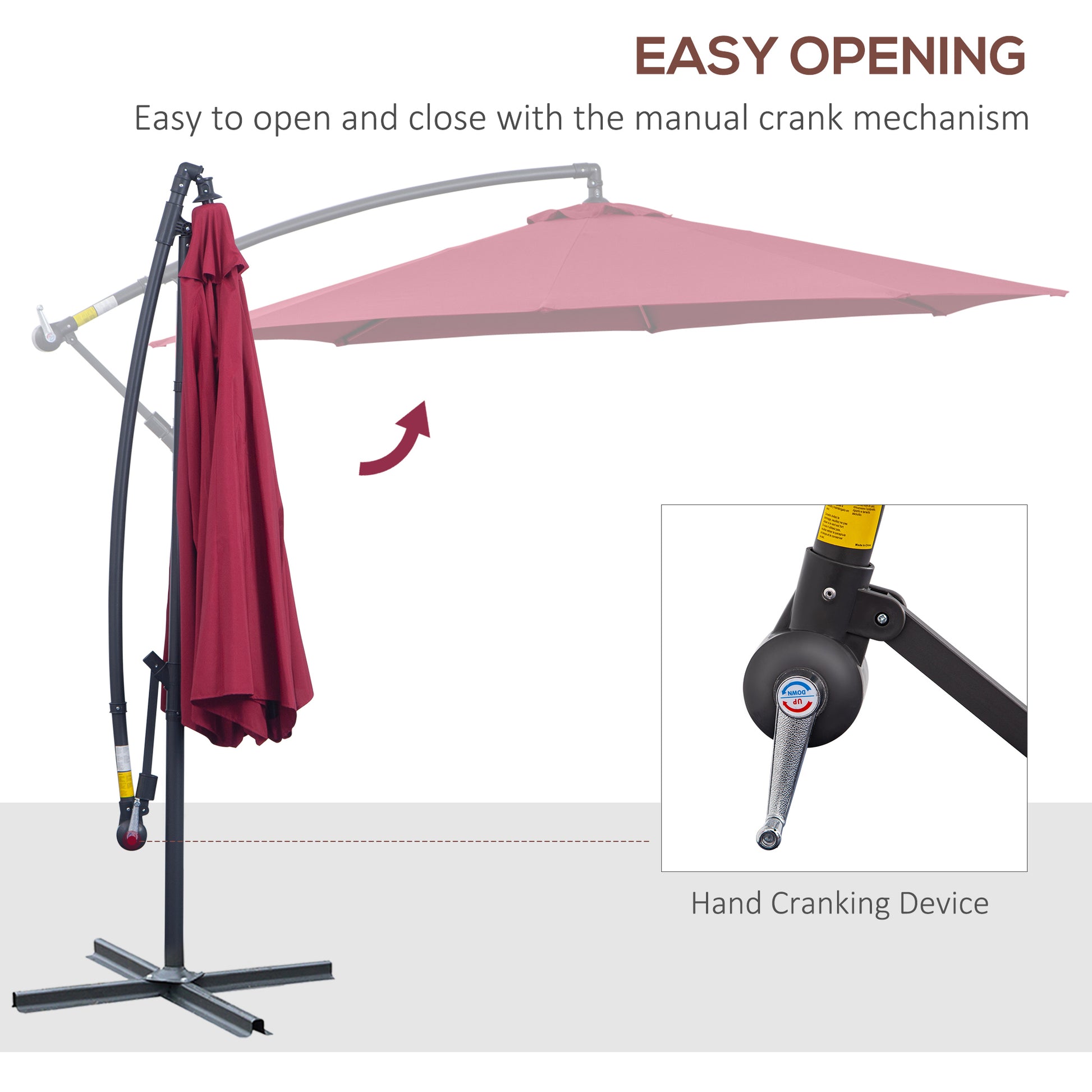 10' Deluxe Patio Umbrella, Outdoor Market Parasol, Banana Hanging Offset Sunshade with Crank, Cross Base, Wine Red