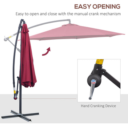 10' Deluxe Patio Umbrella, Outdoor Market Parasol, Banana Hanging Offset Sunshade with Crank, Cross Base, Wine Red