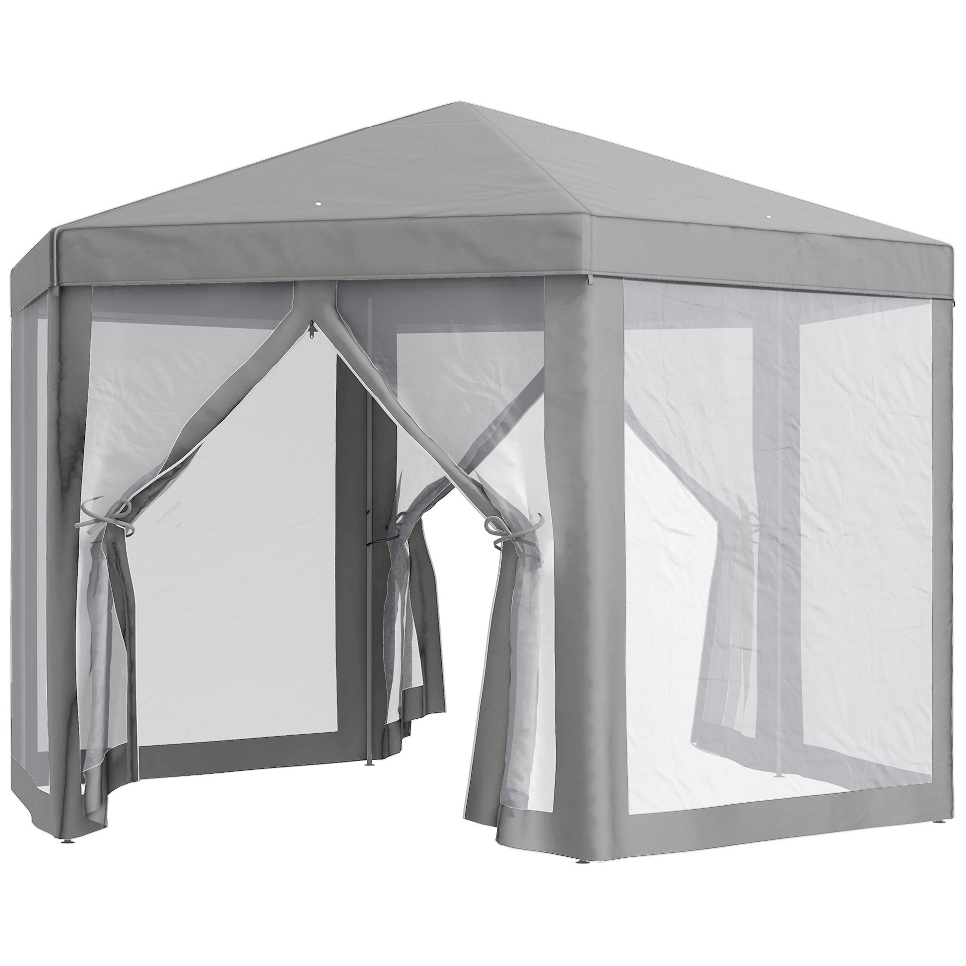 Hexagon Party Tent, Patio Gazebo with Netting Mesh, Light Grey