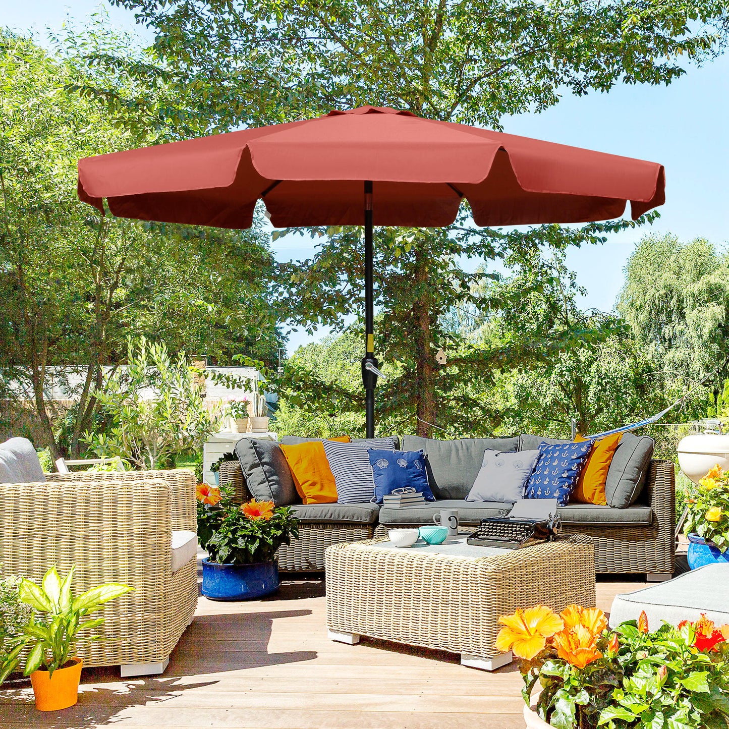8.5 ft Outdoor Market Table Umbrella, Round Patio Umbrella with Tilt and Crank for Garden, Backyard, Deck, Wine Red