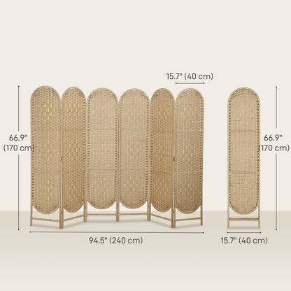 Bohemian Privacy Screen, Folding Room Divider with 6 Panels and Arched Top for Bedroom Living Room Office, Natural Wood