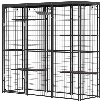 Weld Wire Catio Outdoor Indoor with Waterproof Cover, 4 Jumping Platforms, Hammock, 69" x 22" x 62", Black