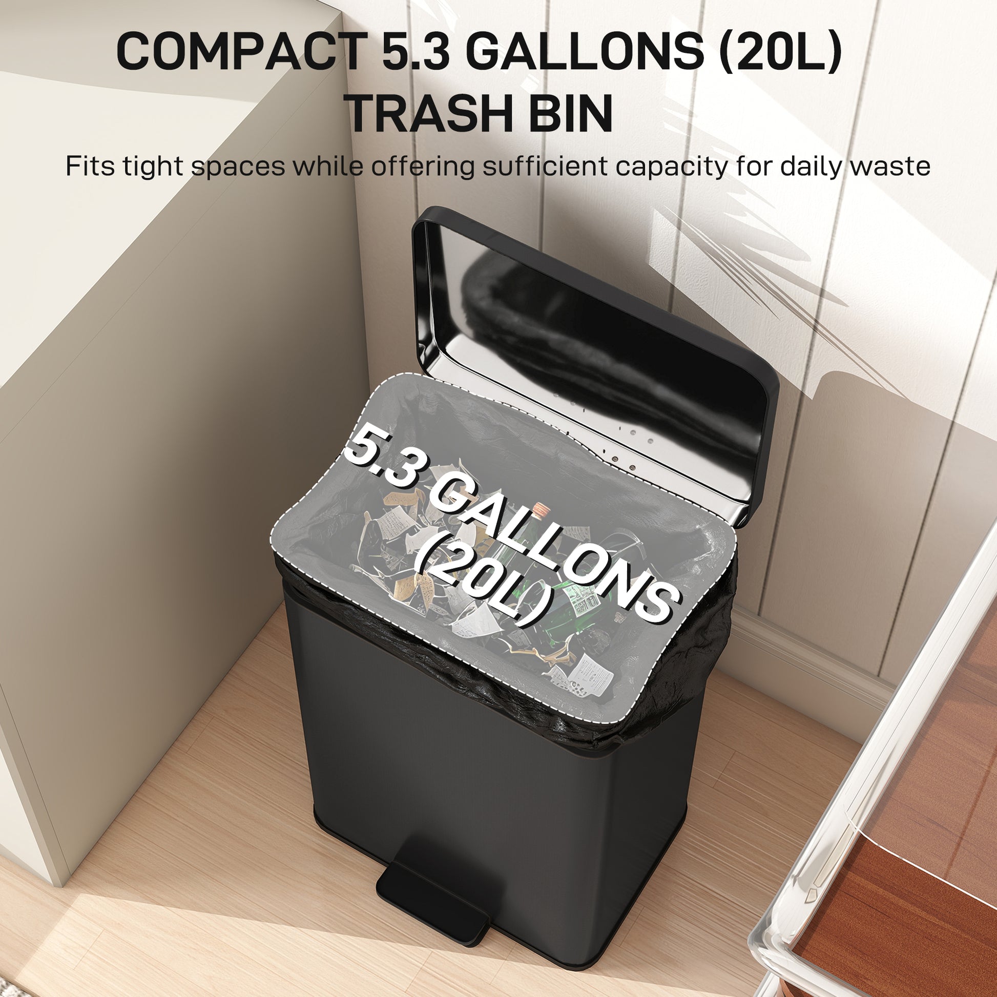 5.3 Gallon/20 L Garbage Bin with Soft Close Lid, Trash Can with Removable Inner Bucket for Kitchen, Office, Matte Black