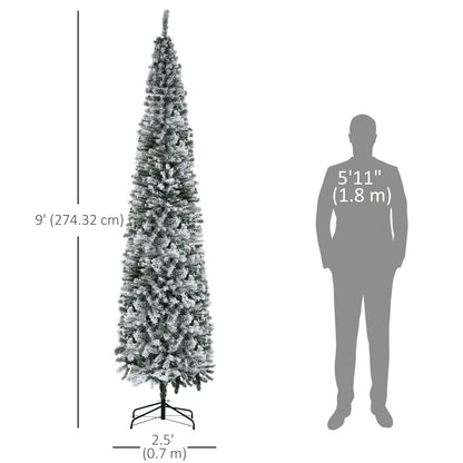 9ft Flocked Christmas Tree, Pencil Christmas Tree with Realistic Branch Tips, Folding Metal Stand, Green