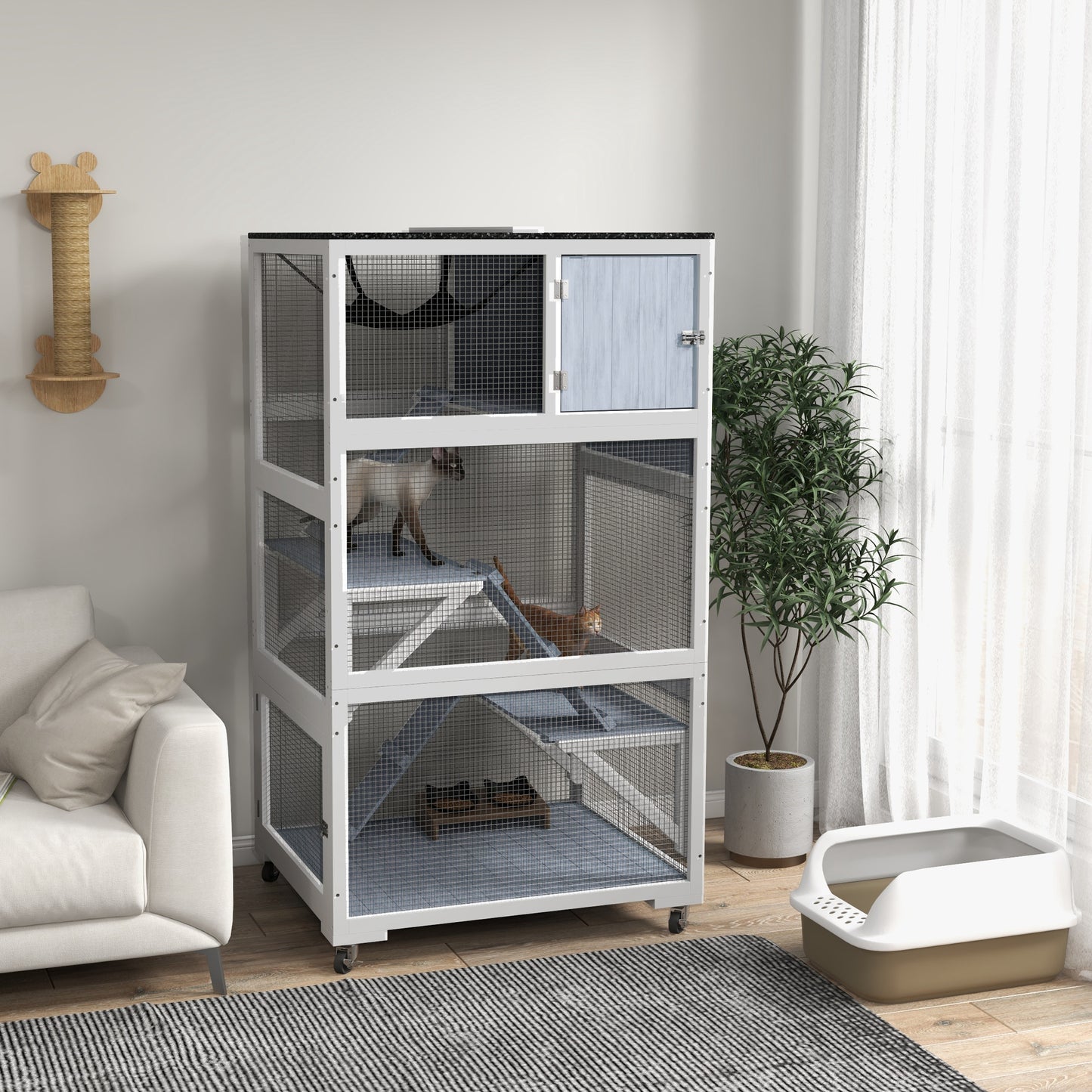 34" L Catio Outdoor Cat Enclosure on Wheels with Hammock Multiple Platforms Resting Condo Ramps for 1-3 Cats, Light Grey