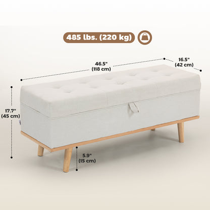 Storage Ottoman Bench, Foot Rest with Lift-Up Lid and Wood Legs, Linen Storage Chest for Living Room, Cream White