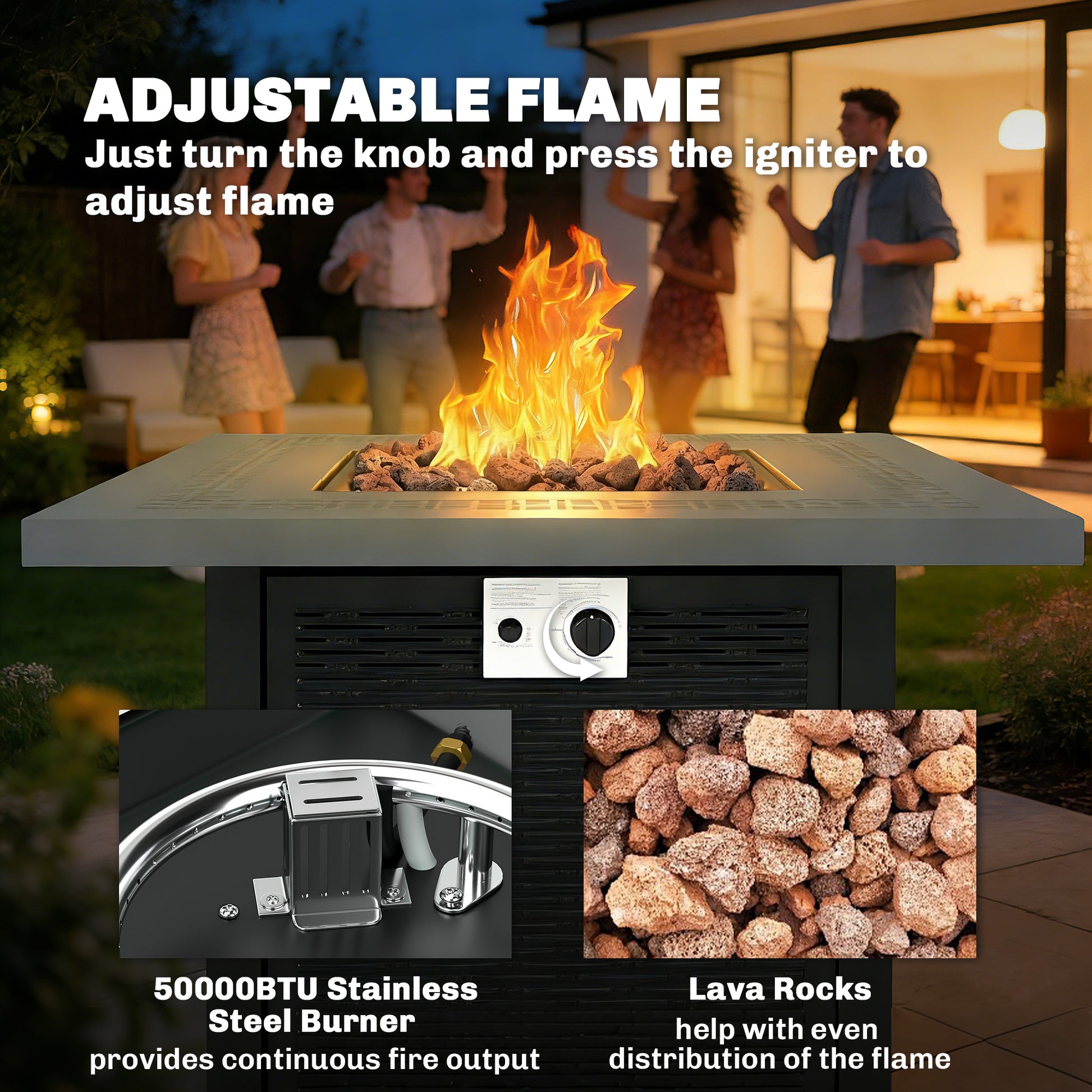 Propane Fire Pit Table, 28" 40000 BTU Outdoor Gas Fire Table with Lava Rocks and Lid, Black