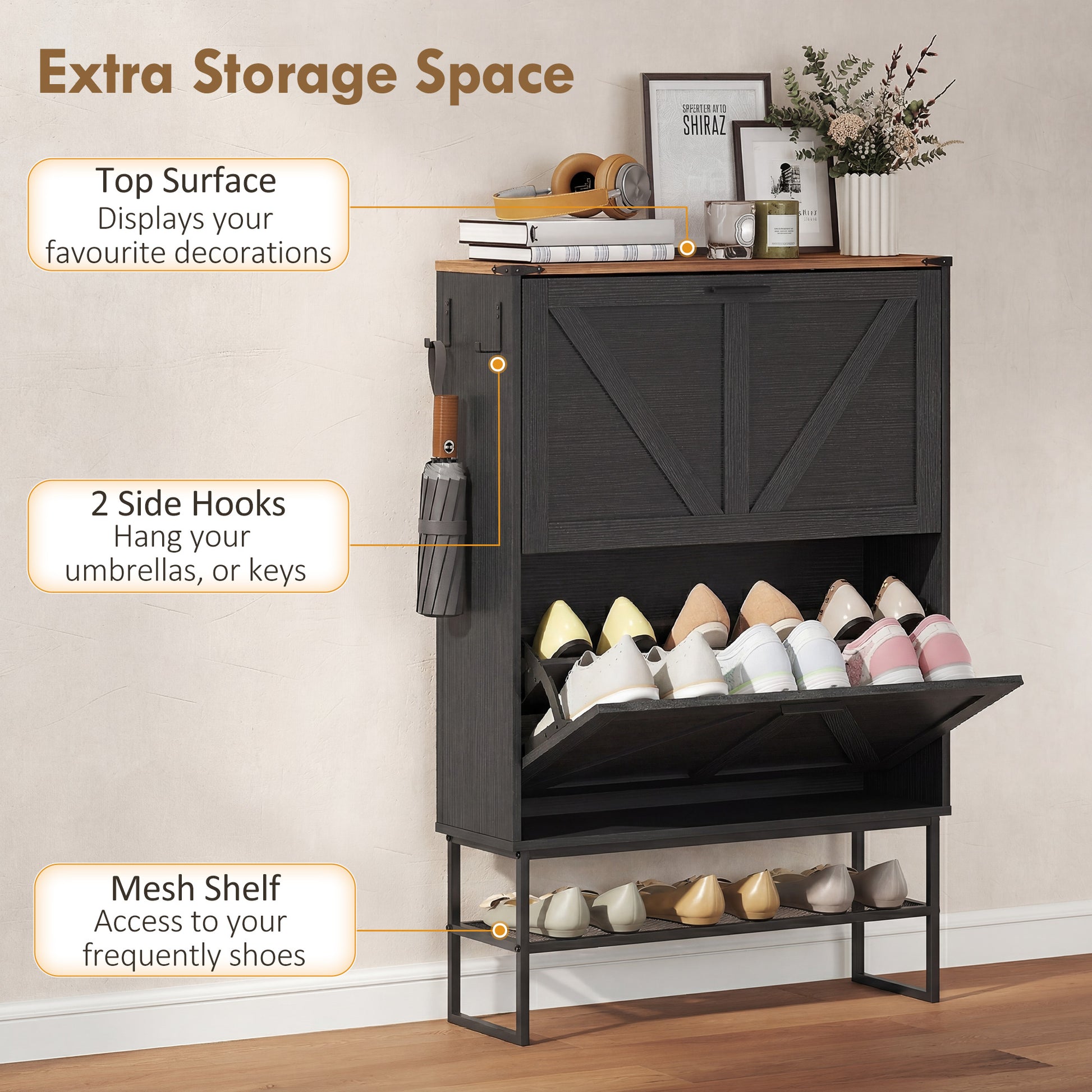 Narrow Shoe Storage Cabinet with 2 Flip Drawers, Slim Shoe Cabinet for 15-20 Pairs, Black Wood Grain