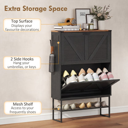 Narrow Shoe Storage Cabinet with 2 Flip Drawers, Slim Shoe Cabinet for 15-20 Pairs, Black Wood Grain