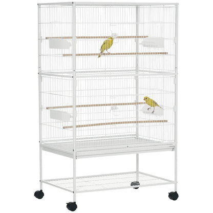52'' Large Rolling Steel Bird Cage Bird House with Rolling Stand, Storage Shelf, Wood Perch, Food Container, White