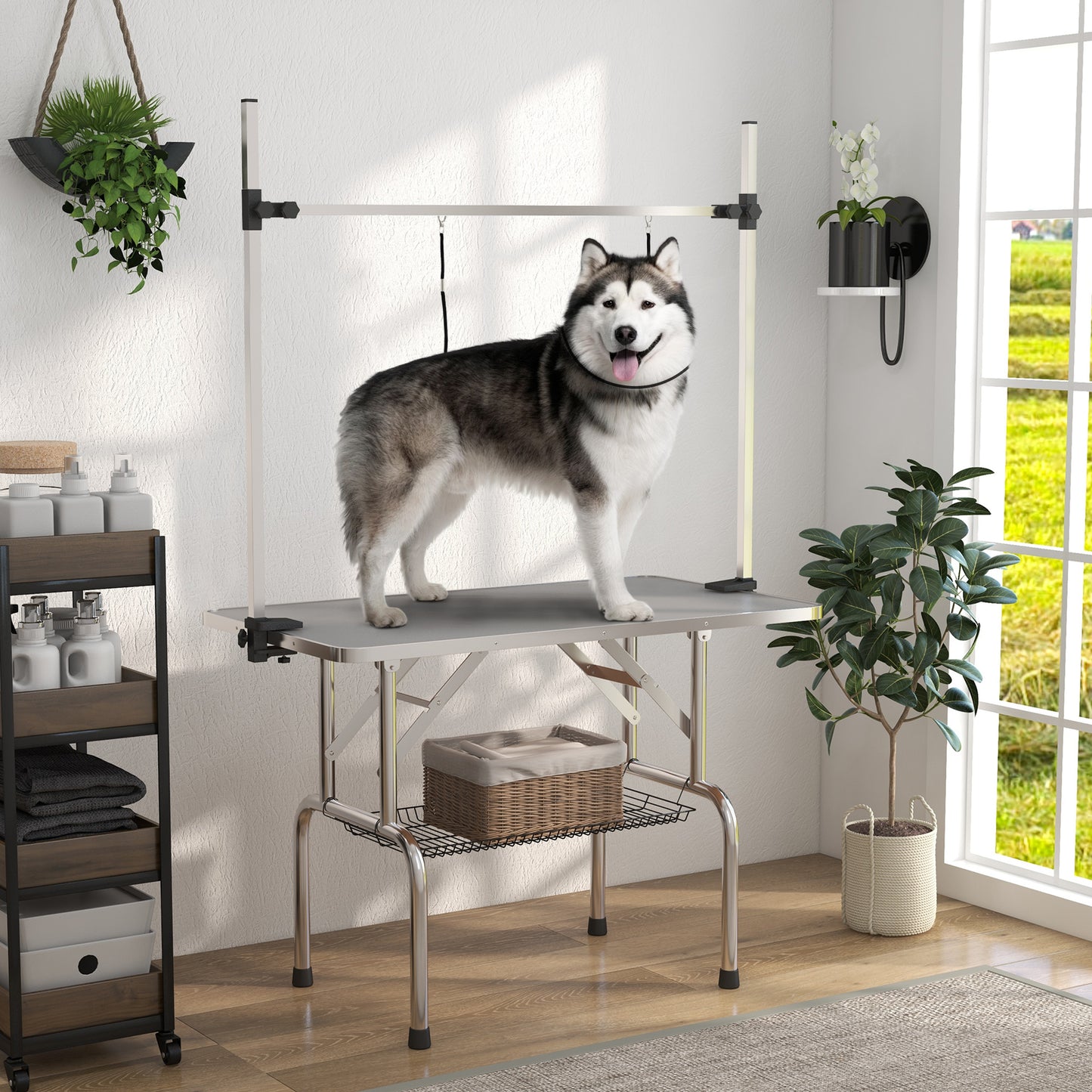 Adjustable Dog Grooming Table with 2 Safety Slings, Storage Basket, Grey