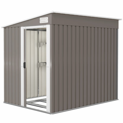 5'x7' Lean to Galvanized Metal Shed with Foundation, Garden Tool Storage House w/ Sliding Door and 2 Vents, Light Grey