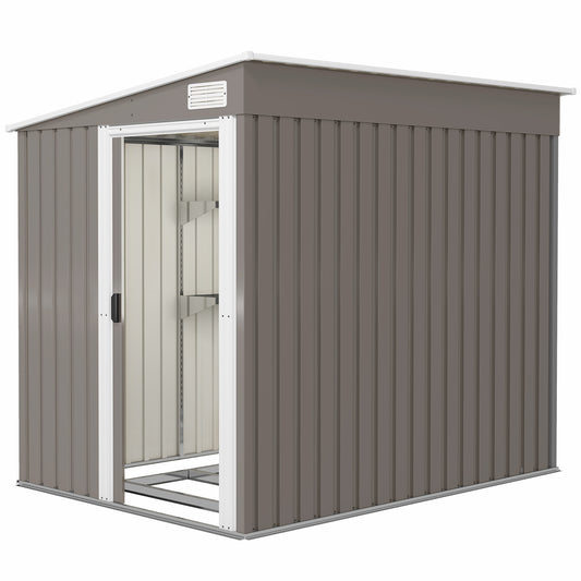 5'x7' Lean to Galvanized Metal Shed with Foundation, Garden Tool Storage House w/ Sliding Door and 2 Vents, Light Grey