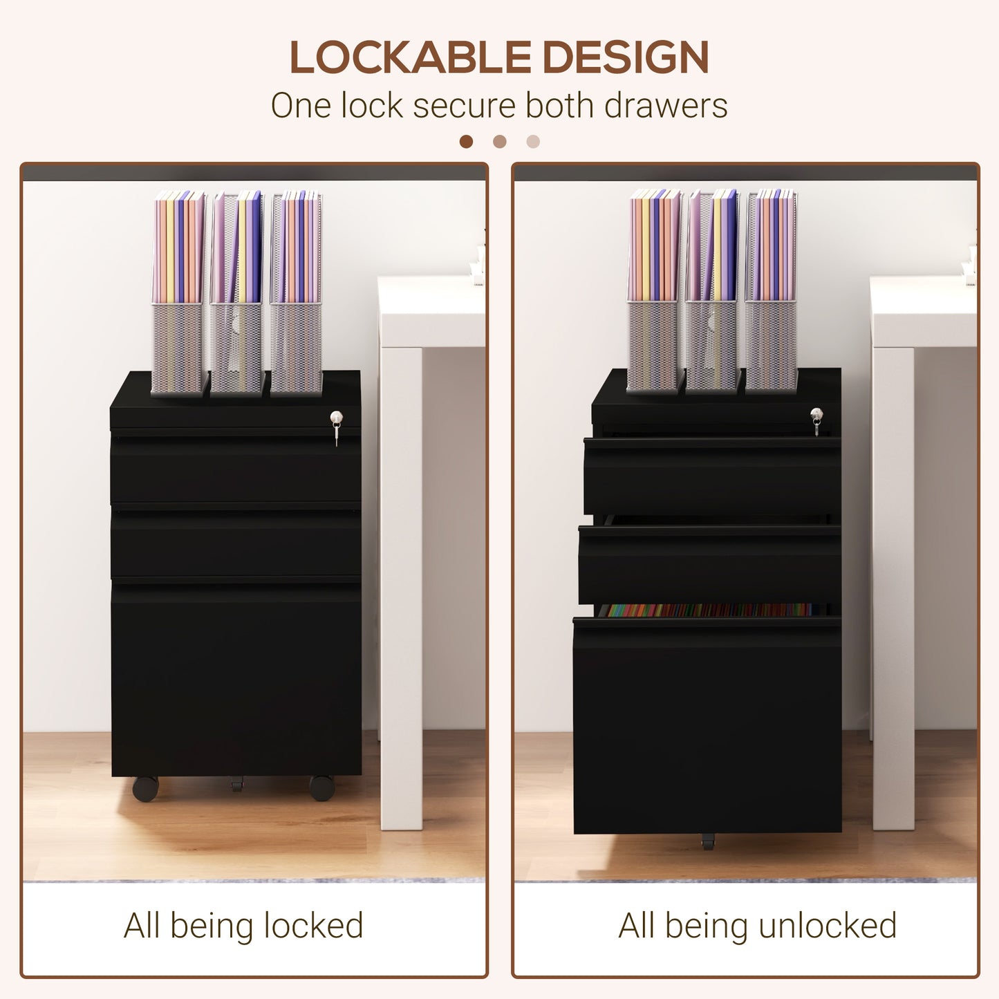 3 Drawer File Cabinet with Lock, Steel Vertical Filing Cabinet with 5 Wheels and Hanging Bar for A4/Legal/Letter, Home Office Printer Stand with Pre-Assembled Body, Black