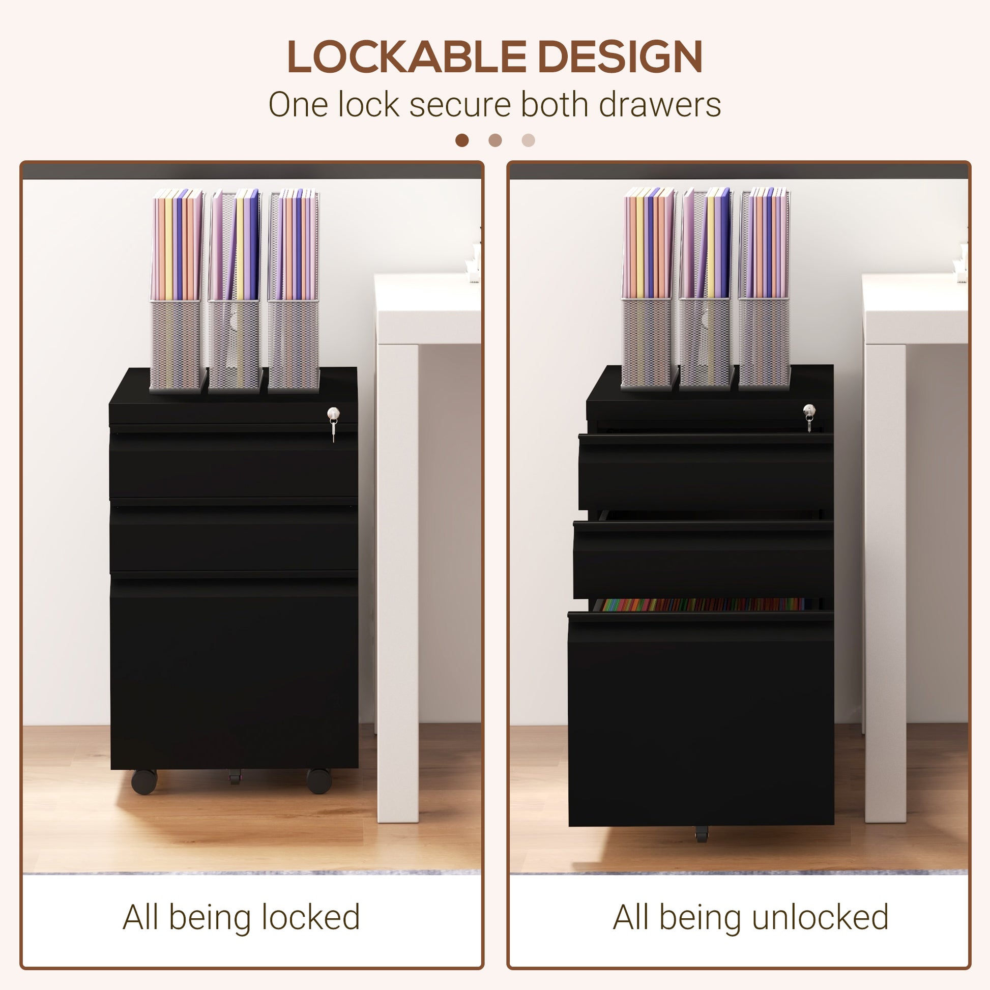 3 Drawer File Cabinet with Lock, Steel Vertical Filing Cabinet with 5 Wheels and Hanging Bar for A4/Legal/Letter, Home Office Printer Stand with Pre-Assembled Body, Black