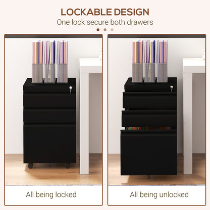 3 Drawer File Cabinet with Lock, Steel Vertical Filing Cabinet with 5 Wheels and Hanging Bar for A4/Legal/Letter, Home Office Printer Stand with Pre-Assembled Body, Black