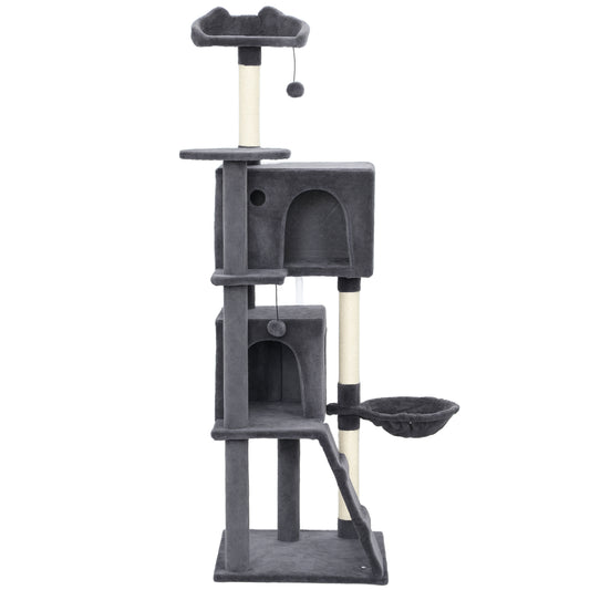 63 Inch Cat Tree with Sisal Scratching Posts, Condos, Plush Perches, Hammock, Ladder, Dangling Balls, Dark Grey