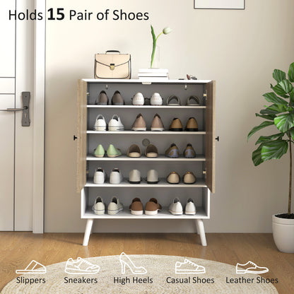 Shoe Storage Cabinet, 5-Tier Shoe Rack Cabinet with Doors, Adjustable Shelves, 15 Pairs, for Entryway, Natural Tone
