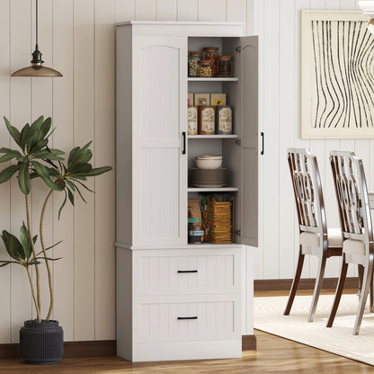 Tall Pantry Cabinet, 67" Kitchen Storage Cabinet with Adjustable Shelves and 2 Drawers for Kitchen, Dining Room, White