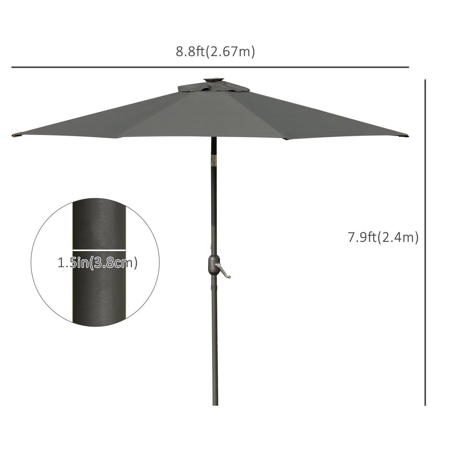9ft Solar Patio Umbrella Outdoor Sunshade 24 LED Lights Tilt Canopy, Charcoal Grey