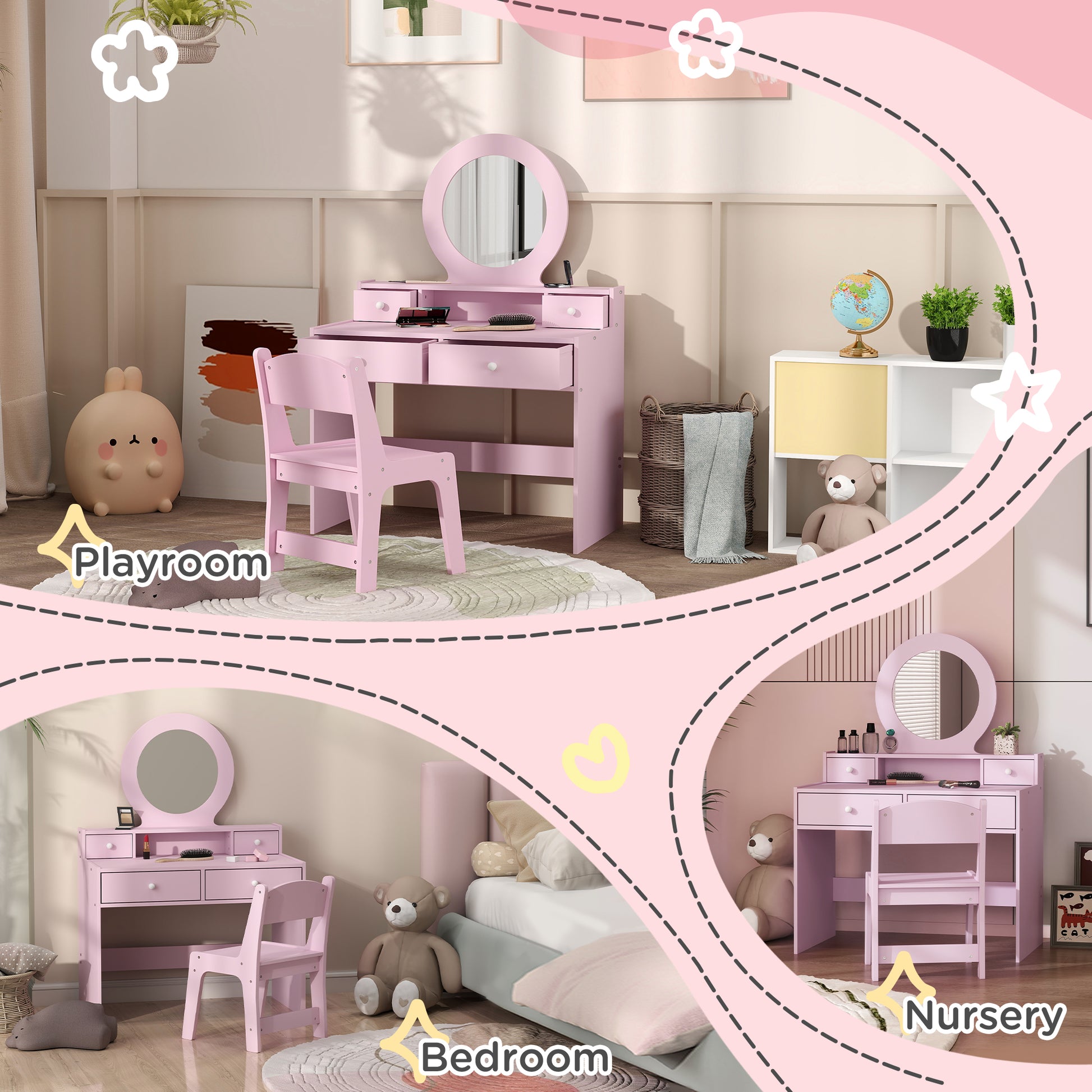 Qaba Kids Vanity Set, Children Makeup Table with Mirror, Stool and Storage Drawers, for Ages 3-8, Pink