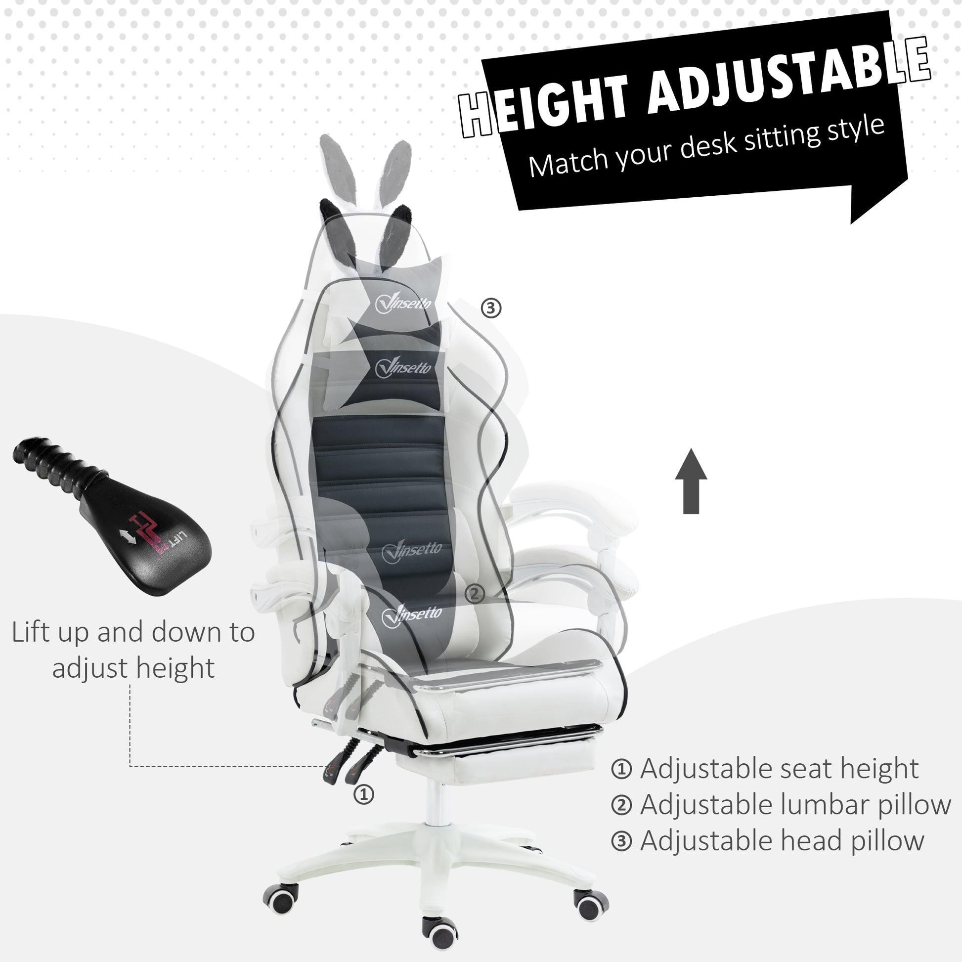Cute Racing Gamer Chair, PU Leather Gaming Chair with Footrest, Headrest and Lumbar Support, Black