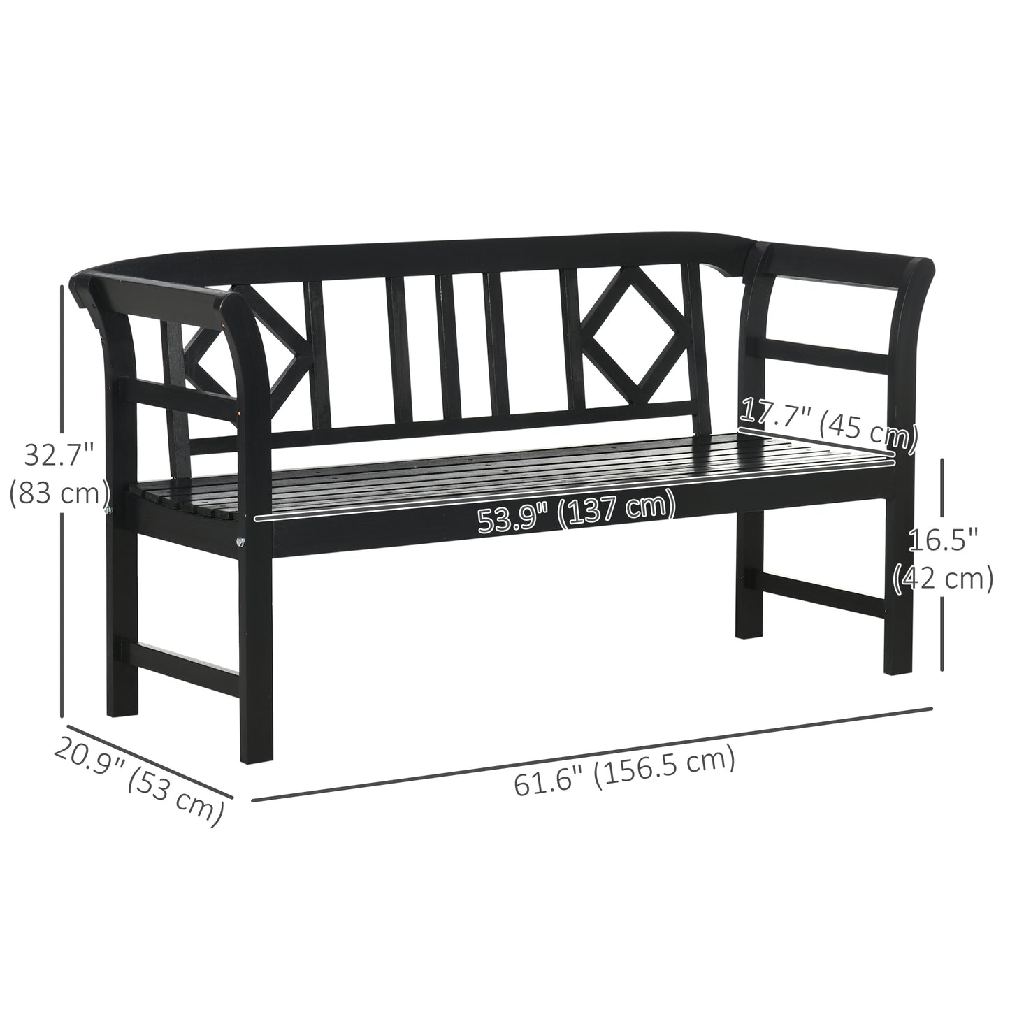 Wooden Outdoor Bench, 3 Person Patio Garden Bench with Diamond Pattern Backrest, Slatted Seat, 792 LBS Capacity, Black