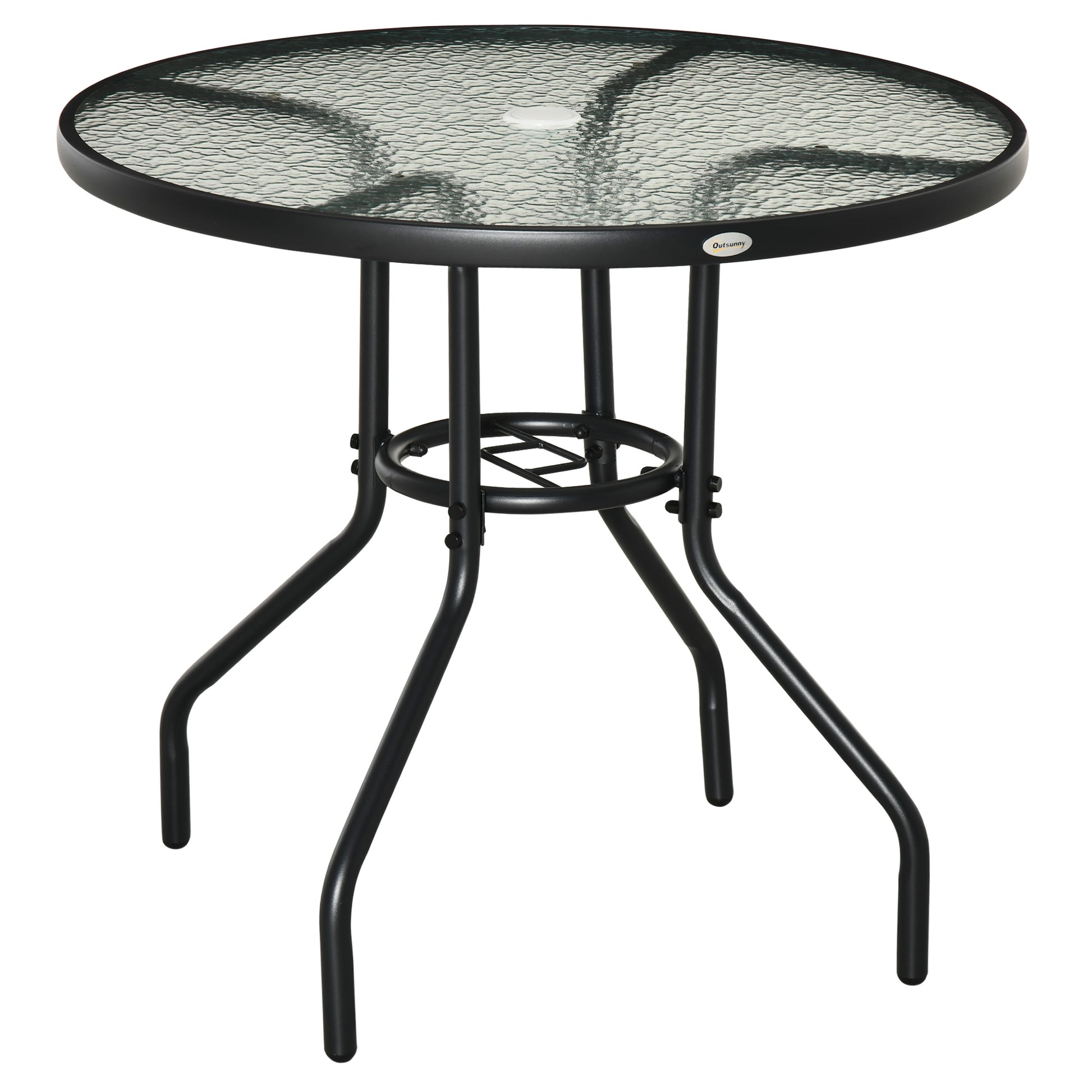 31.5" Round Outdoor Dining Table Coffee Side Bistro Table with Umbrella Hole, Glass Top, Steel Frame for Garden, Patio