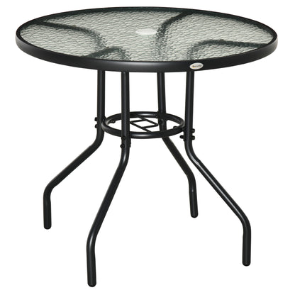 31.5" Round Outdoor Dining Table Coffee Side Bistro Table with Umbrella Hole, Glass Top, Steel Frame for Garden, Patio