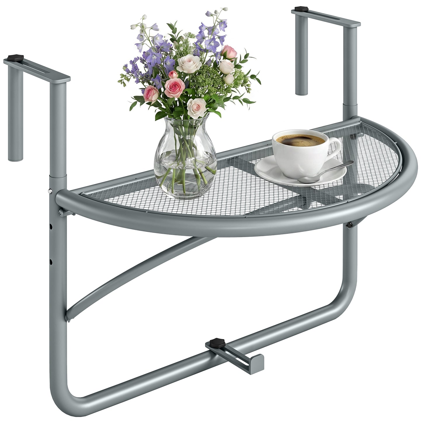 Adjustable Balcony Hanging Railing Table, Metal Mounting Mini Wall Desk Storage Rack, Outdoor Flower Stand Serving Table Half Round, Grey