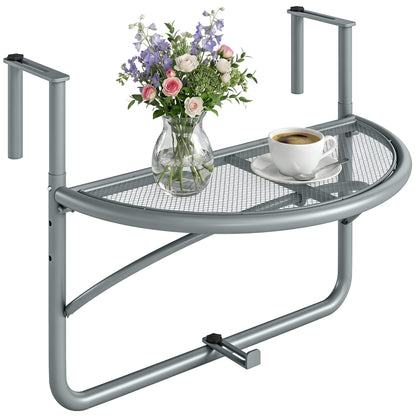 Adjustable Balcony Hanging Railing Table, Metal Mounting Mini Wall Desk Storage Rack, Outdoor Flower Stand Serving Table Half Round, Grey