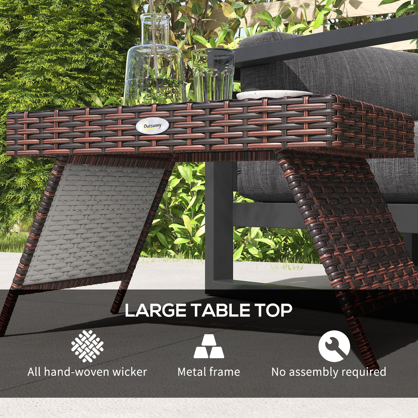 Outdoor Rattan Foldable End Table, Metal Frame Patio Wicker Table, Coffee Table Side Table for Poolside, Lawn, Garden, Brown