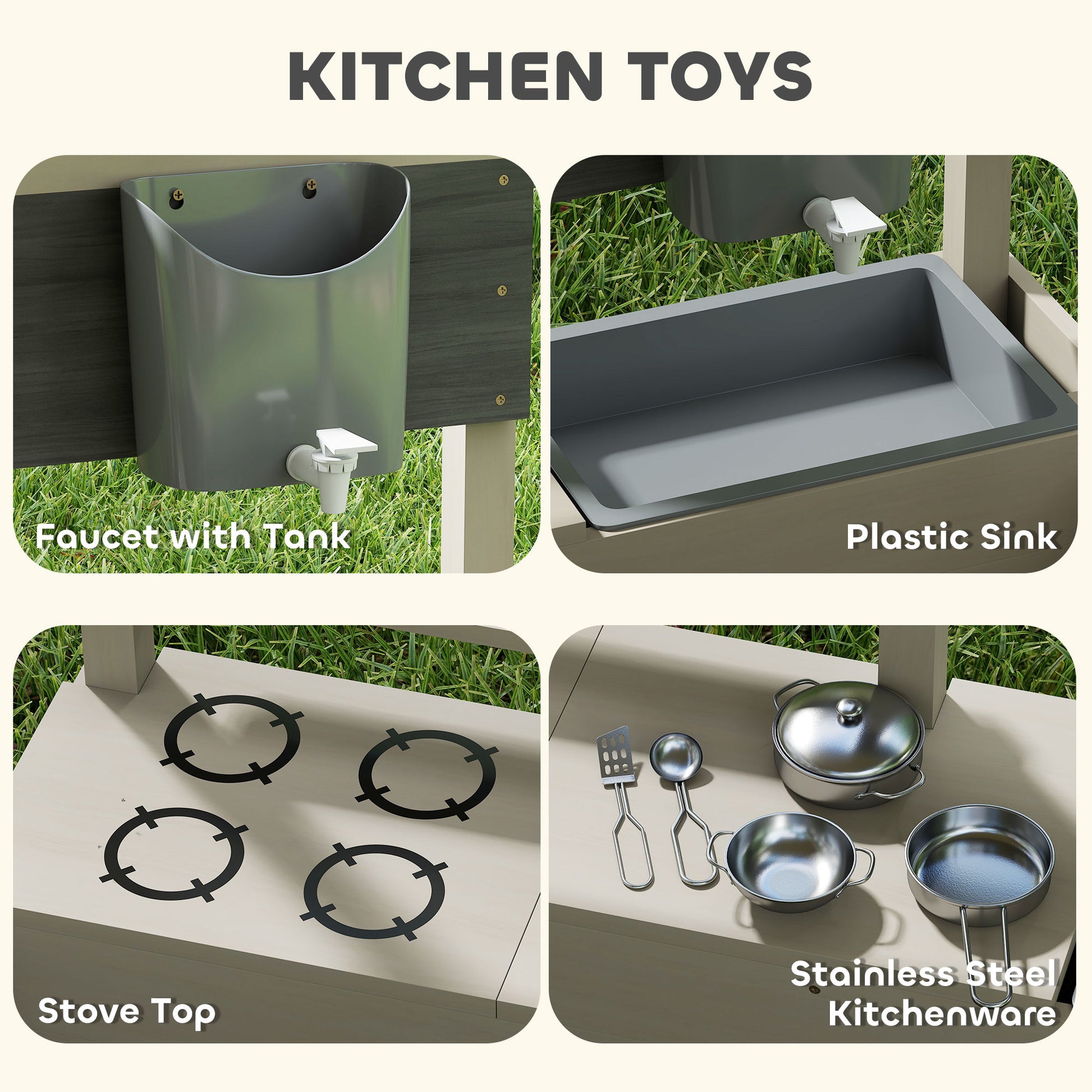 Kids Sandbox with Cover Kitchen Playset Toys, Wooden Sand Box with Seat, Storage, for 3-7 Years Old, Grey