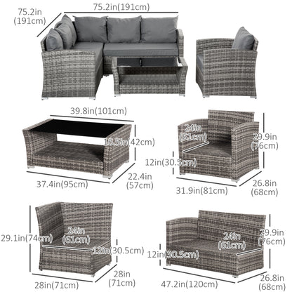 5 Pieces Wicker Patio Furniture Set with 4" Thick Cushions, Outdoor PE Rattan Garden Conversation Sectional Sofa Set with Glass Top Two-tier Coffee Table, Grey